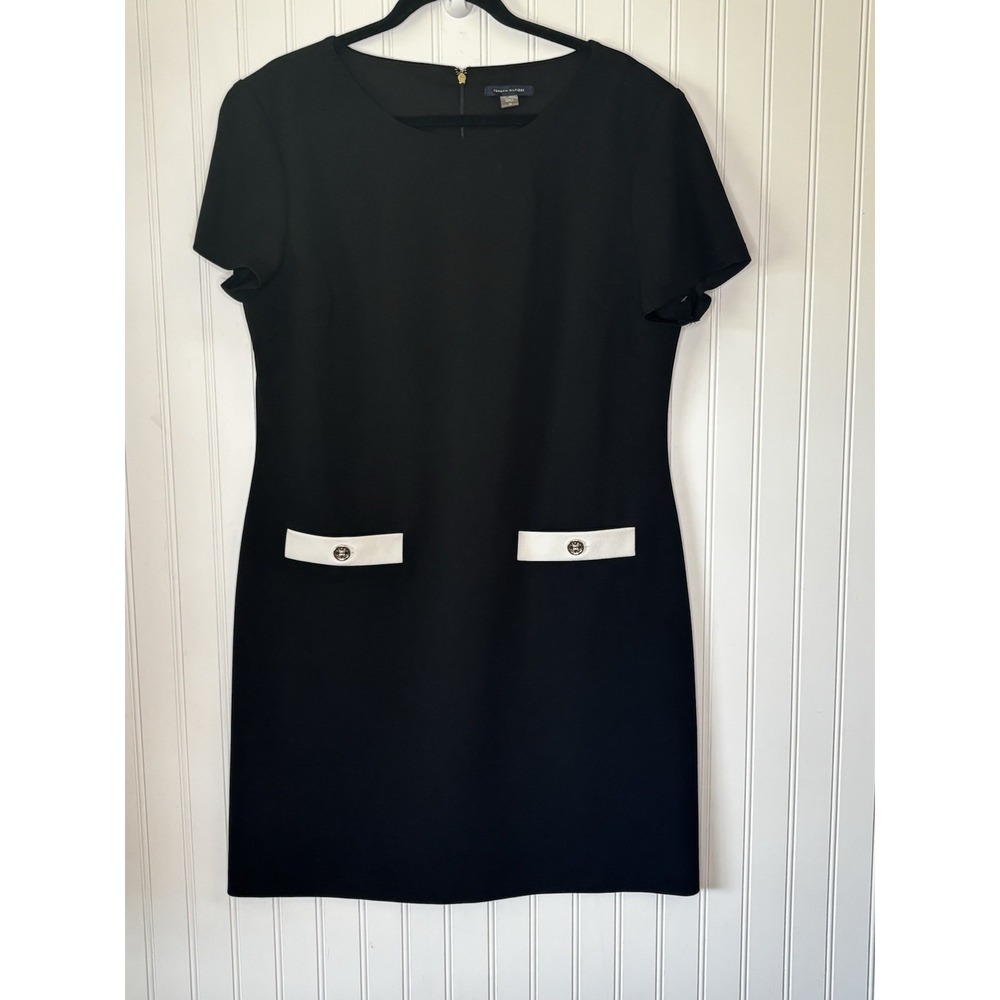 Tommy Hilfiger Shift Dress 16 Black White Trim Faux Pocket Career Classic Office